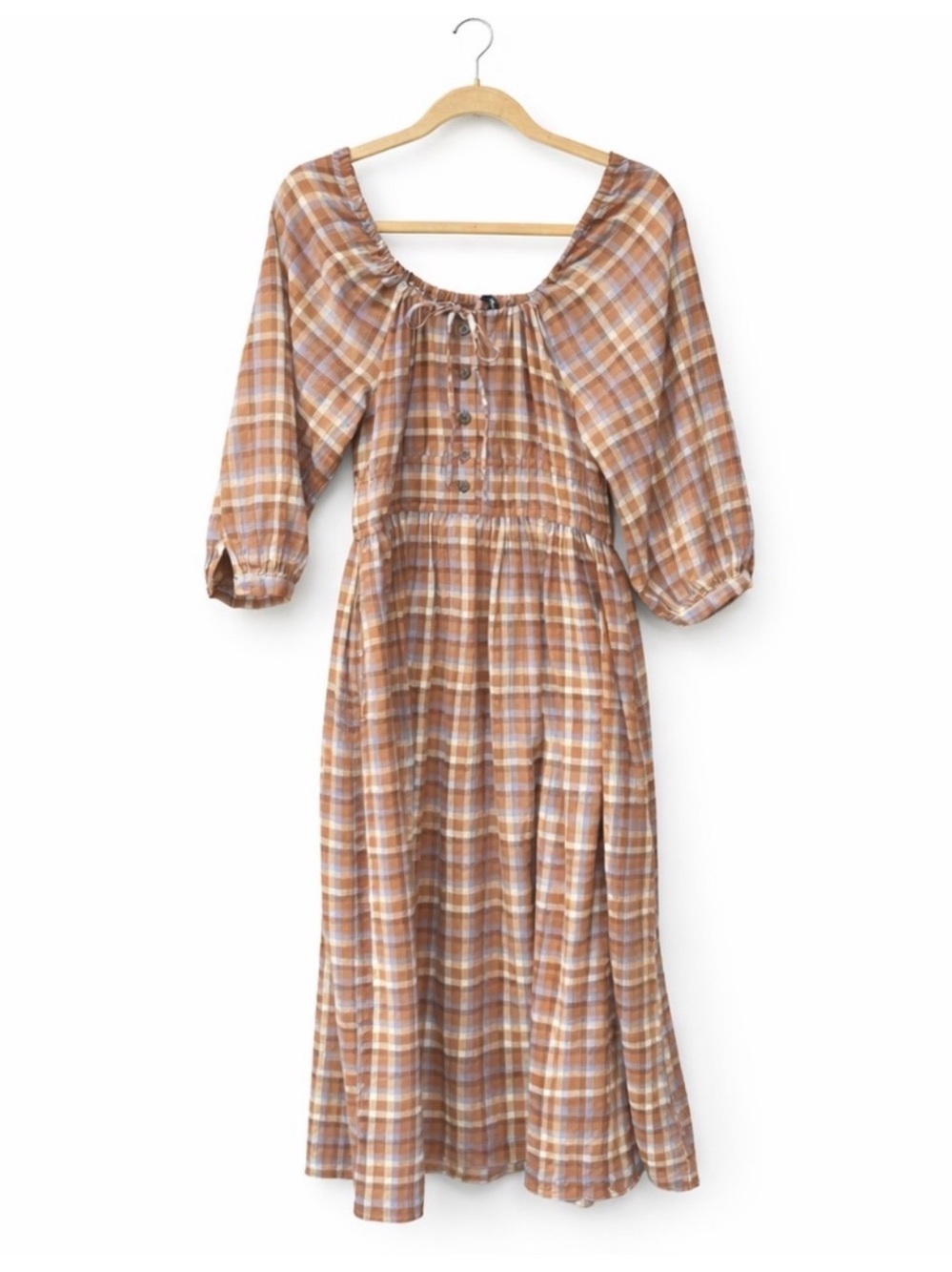 Madewell Petite Gauze Sophia Midi Dress Plaid Cottage Core Boho peasant cotton